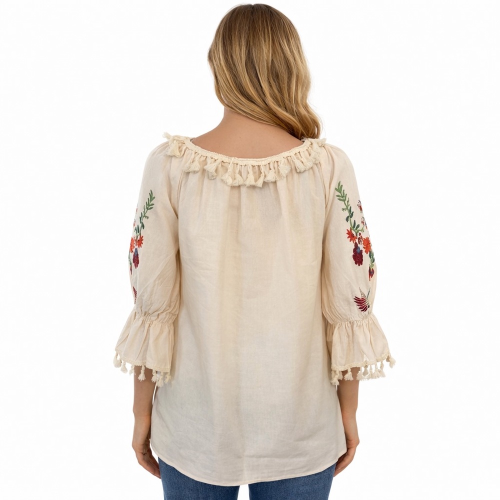 Tan Embroidered Floral, Bird Design and Ruffled, Tasseled 3/4 Sleeve Tunic - Picture 4 of 14